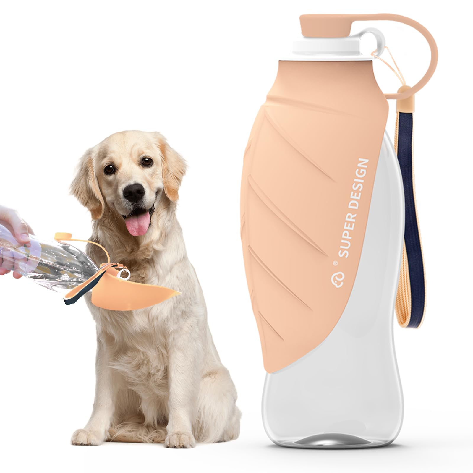 Garrafa de Água para Cães SUPERDESIGN Portátil para Cães Pequenos a Grandes, Antivazamento, para Viagens, com Tigela Grande em Formato de Folha e Acessórios para Passeio de Cães (19.6OZ Rosa)